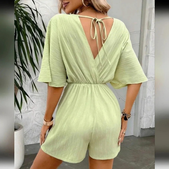 Summer Vacation Casual Solid Color Pleated Batwing Sleeve Jumpsuit With Belt - Picture 2 of 5